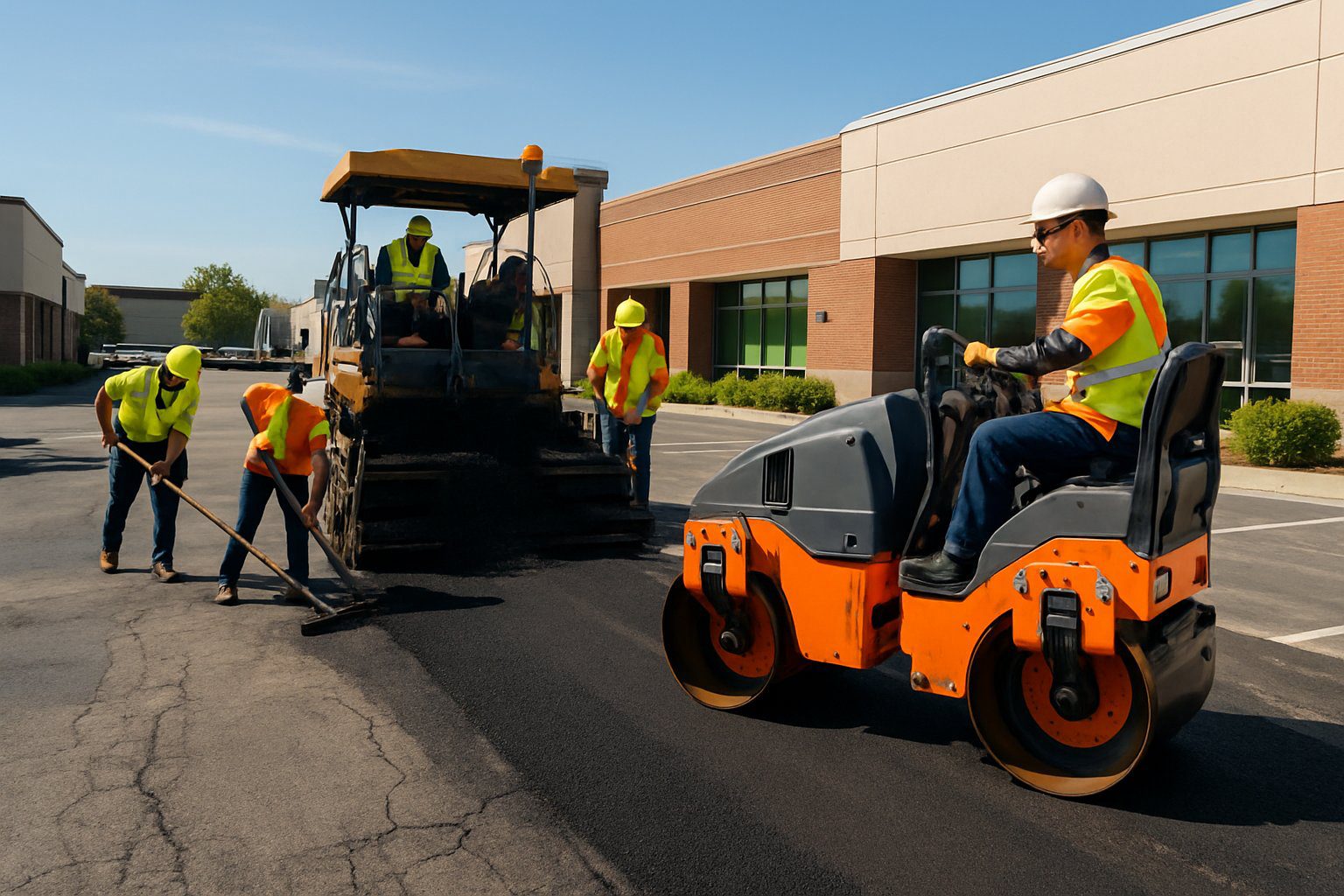 Workers repairing and resurfacing asphalt in a commercial parking lot with heavy machinery and safety gear.