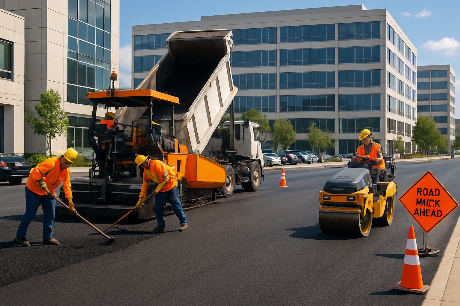 Workers operating asphalt paving machines on a freshly paved commercial parking lot near office buildings during the day.
