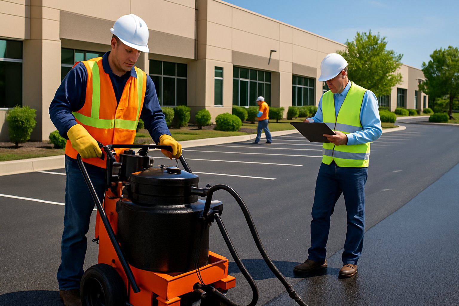 Workers performing preventive maintenance on an asphalt parking lot at a business site.
