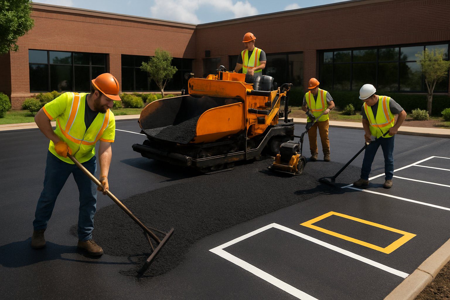 Workers in safety gear paving a commercial parking lot with fresh asphalt near a business building.