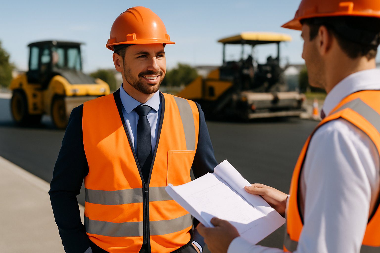 A business professional wearing a safety vest and hard hat talks with a colleague near freshly paved asphalt and construction machinery.