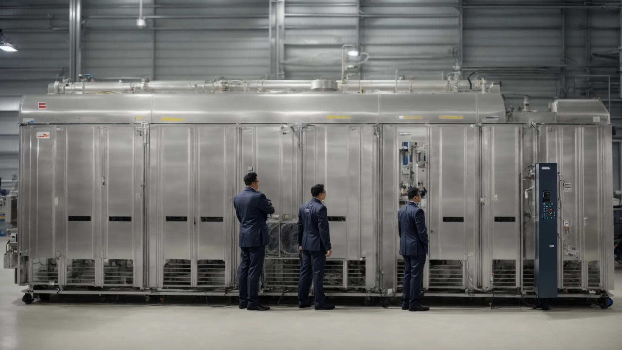 a team of engineers stands before an expansive, state-of-the-art refrigeration system featuring prominently labelled co2 technology components.