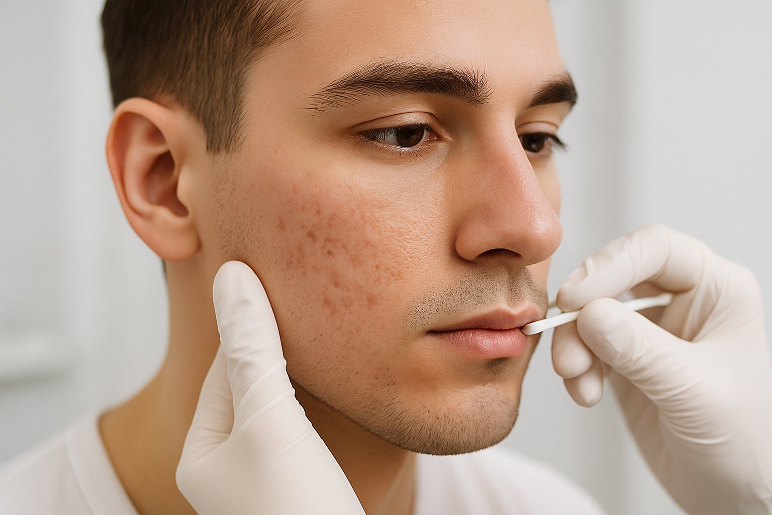 Close-up of a young adult's face with mild acne scars being examined by a professional in a clinical setting.