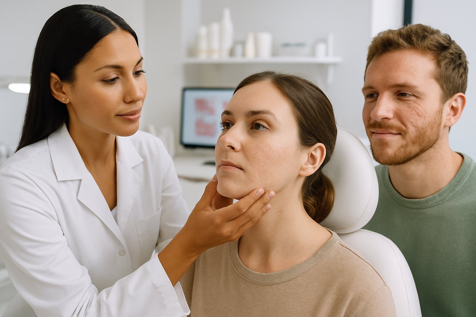 A dermatologist examining a woman's face with acne scars while a man with similar scars watches in a clinic.