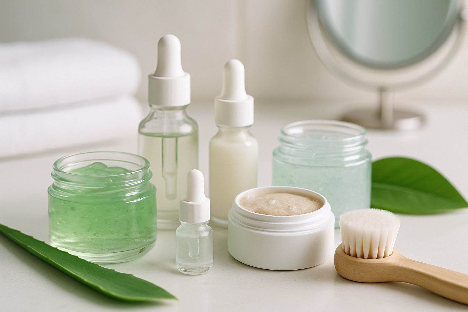 A bathroom countertop with various skincare products for treating acne scars, including serums, gels, a scrub, and a facial brush, arranged neatly with natural elements nearby.