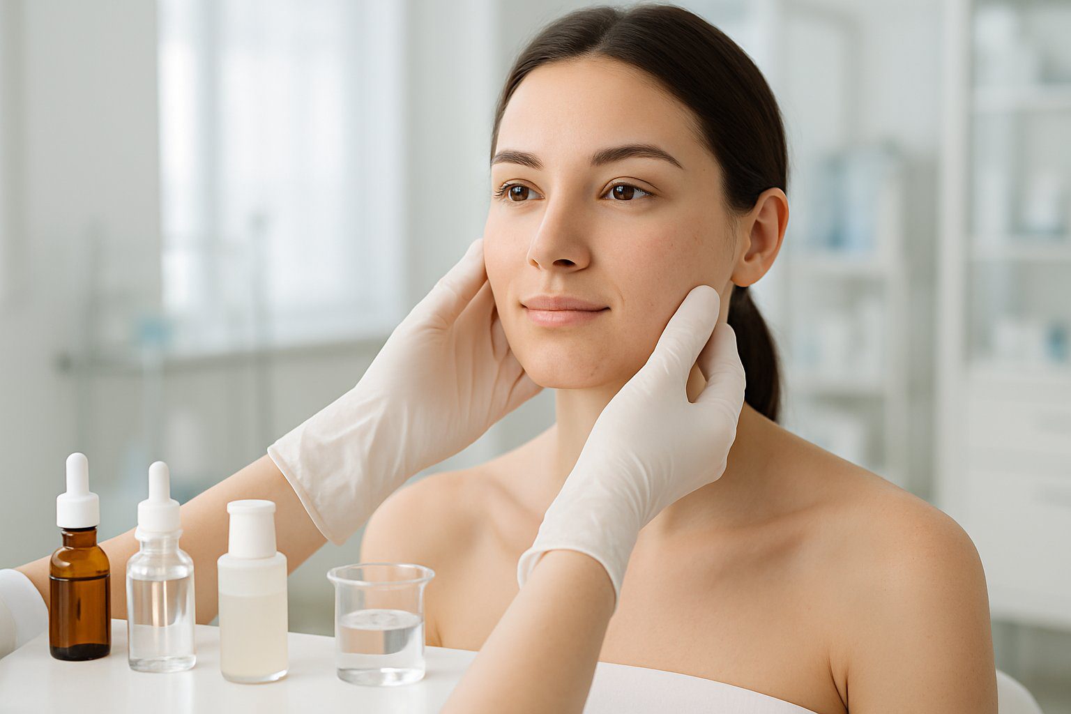 A dermatologist examining a young adult patient's face with acne scars in a clean skincare clinic surrounded by skincare products.
