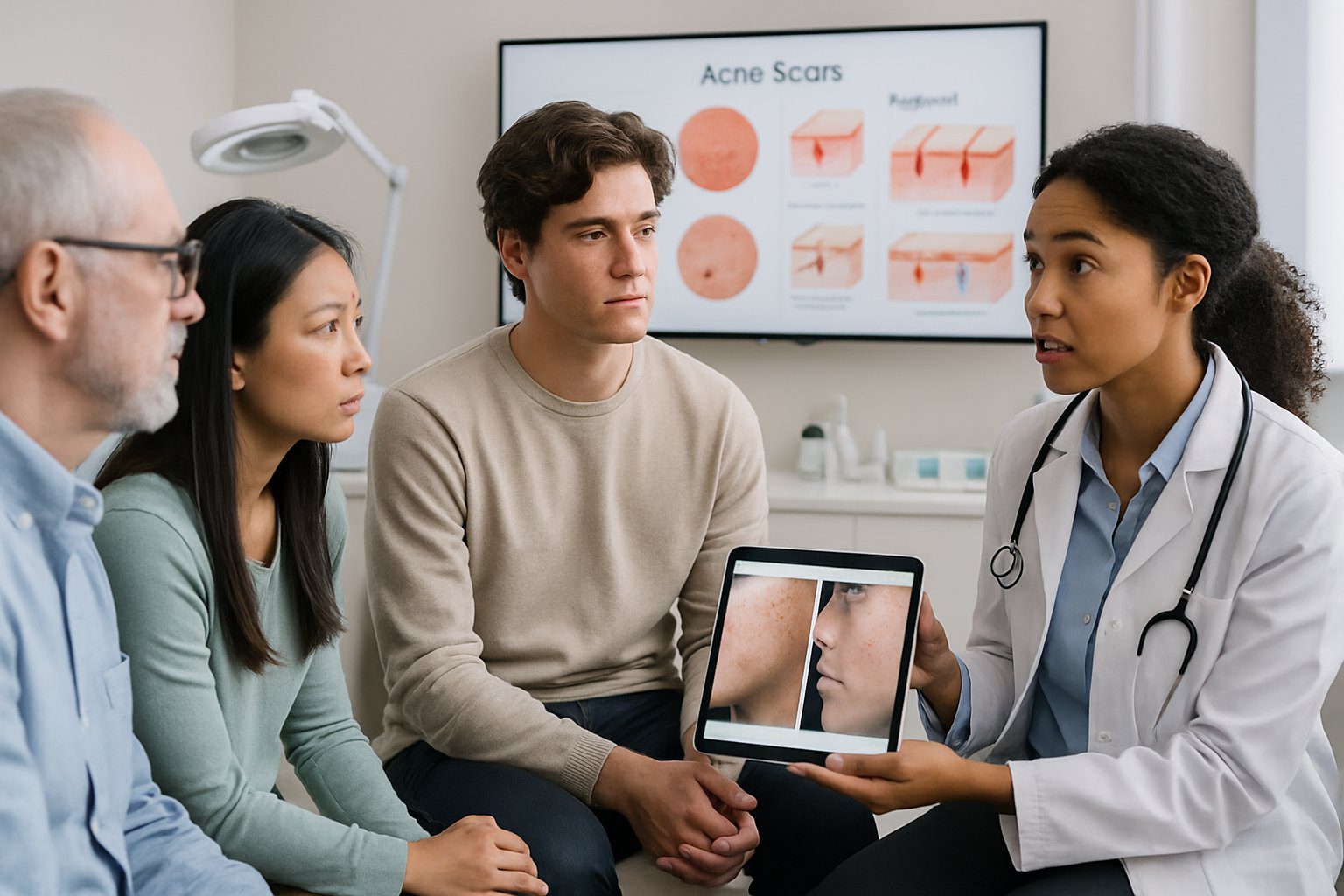 Medical professionals and patients discussing acne scar treatment options in a modern dermatology clinic.