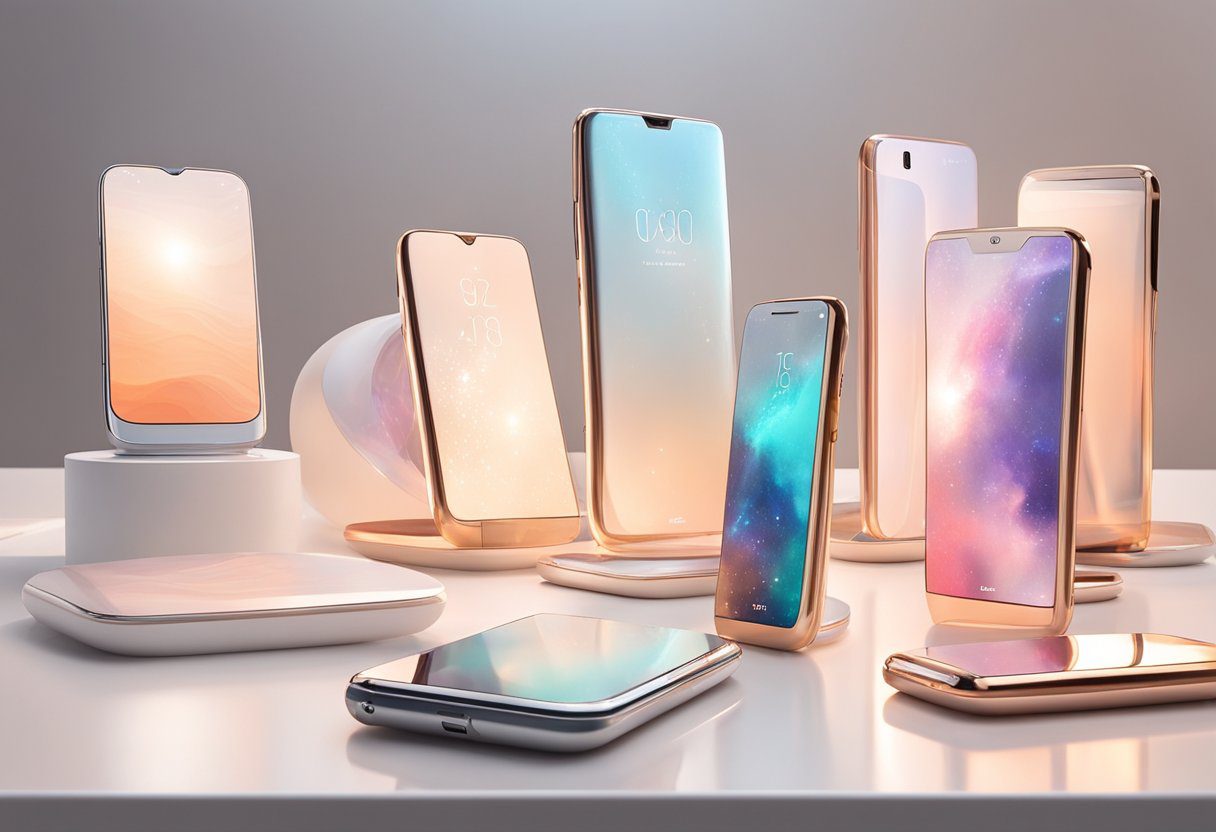 DeGoogled phones displayed on a clean, white tabletop with a minimalist backdrop. Bright lighting highlights the sleek, modern devices