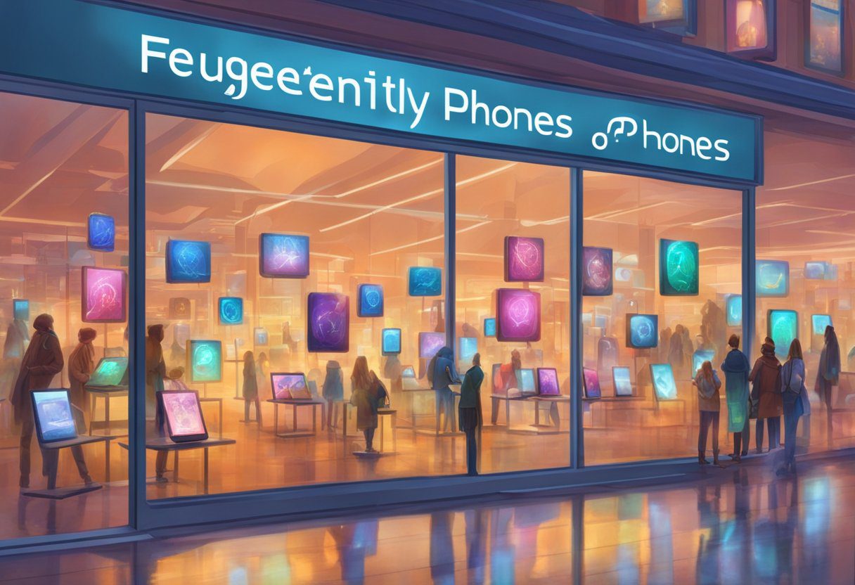 A display of DeGoogled phones with a sign reading "Frequently Asked Questions DeGoogled Phones for Sale" prominently placed in a tech store window