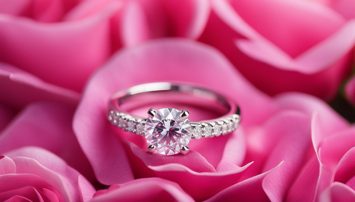 A platinum engagement ring resting on a bed of rose petals