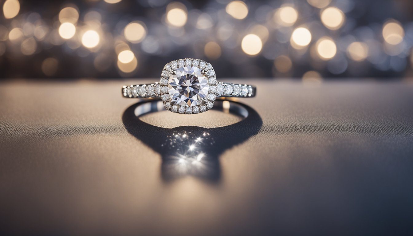 A platinum engagement ring sits on a velvet cushion, surrounded by soft lighting and a romantic atmosphere. Its elegant design and sparkling diamond symbolize love and commitment throughout history