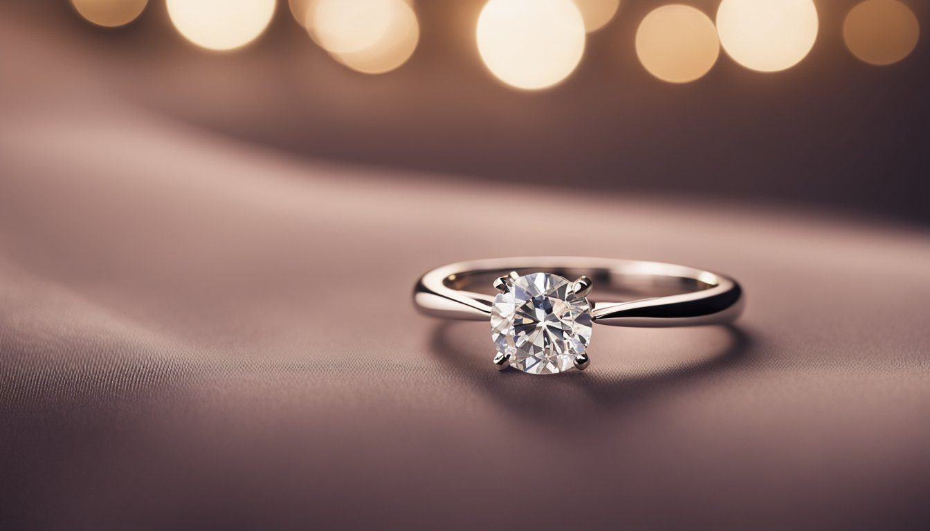 A platinum engagement ring sits on a velvet cushion, surrounded by a soft glow. A small sign nearby reads "Aftercare and Services for Your Ring."