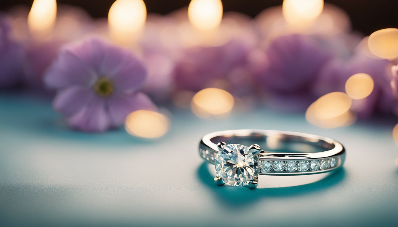 A Tiffany & Co. platinum engagement ring rests on a velvet cushion, surrounded by soft candlelight and delicate flower petals