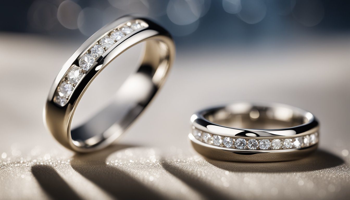 A sparkling platinum ring with "Frequently Asked Questions" engraved on the band, surrounded by delicate diamond accents