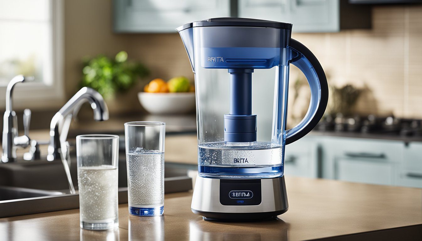 A Brita water filter pitcher sits on a kitchen counter, surrounded by a faucet, glass of water, and a stack of dirty dishes