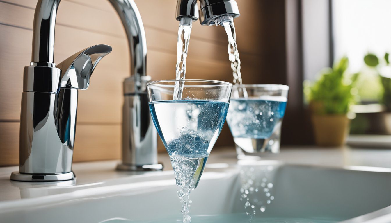 A faucet with a PUR water filter attached, water flowing from the tap, and a glass being filled with purified water