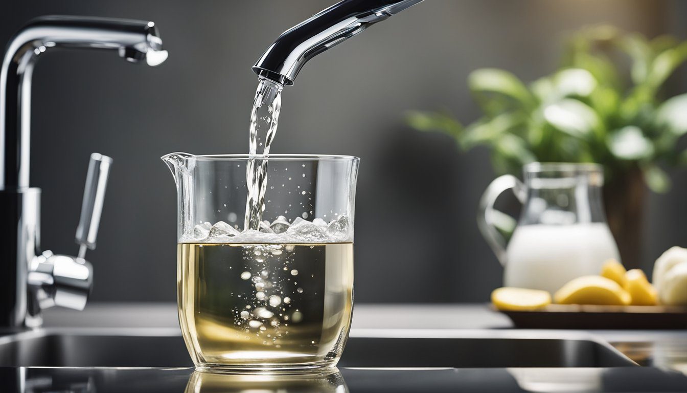 A faucet pouring tap water into a clear glass pitcher, with a variety of water purification and filtration devices nearby