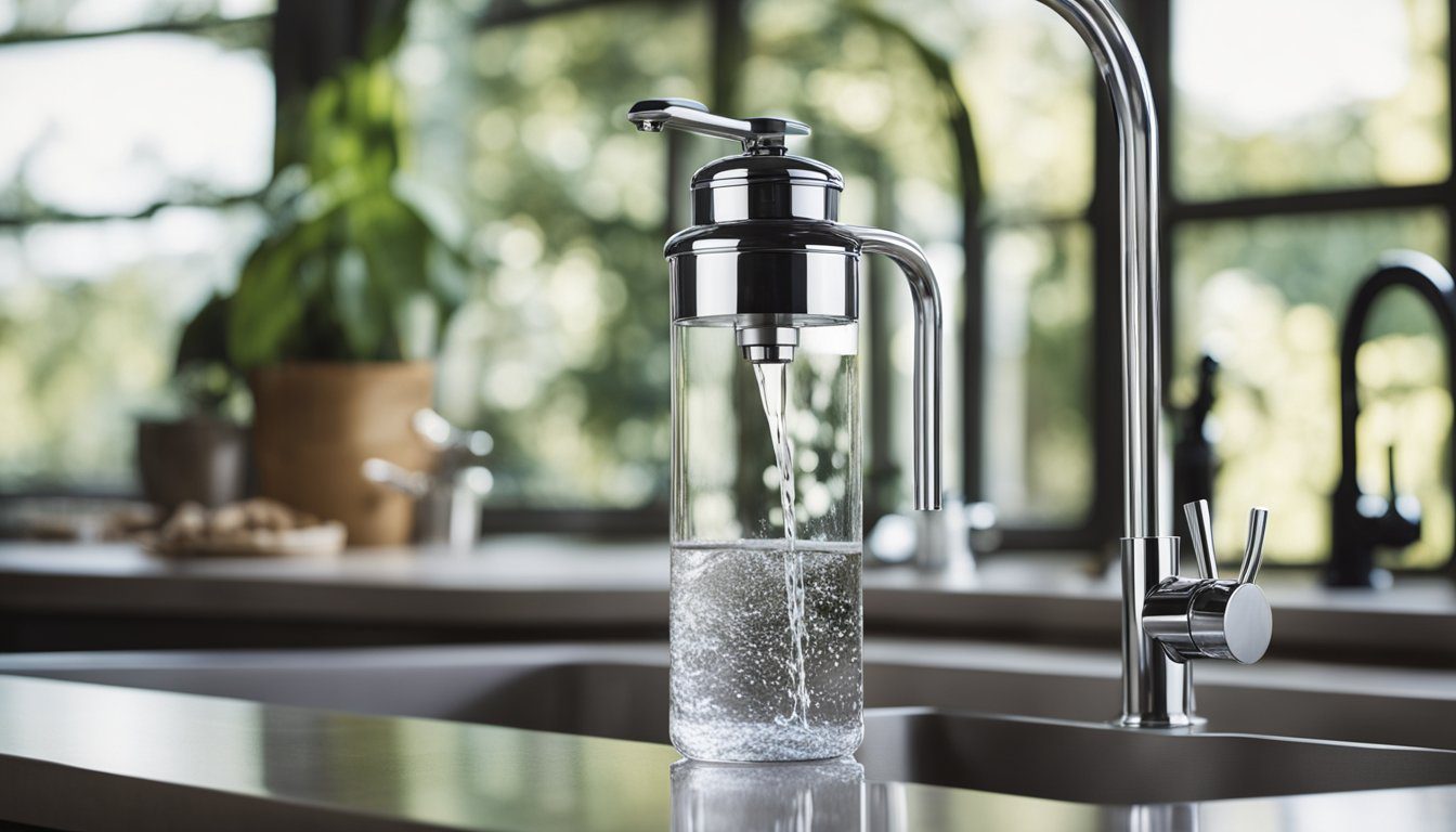 A pitcher of tap water being poured through a filter, with a faucet running in the background. A water bottle filled with purified water sits nearby