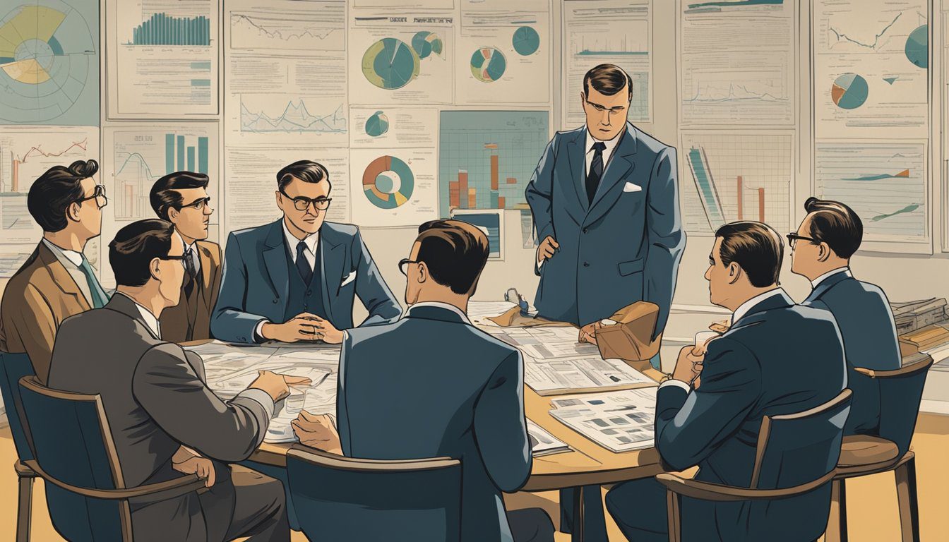 A group of men in suits gather around a table, discussing marketing strategies and propaganda campaigns. Charts and graphs cover the walls, illustrating the impact of National Socialism on different economic classes