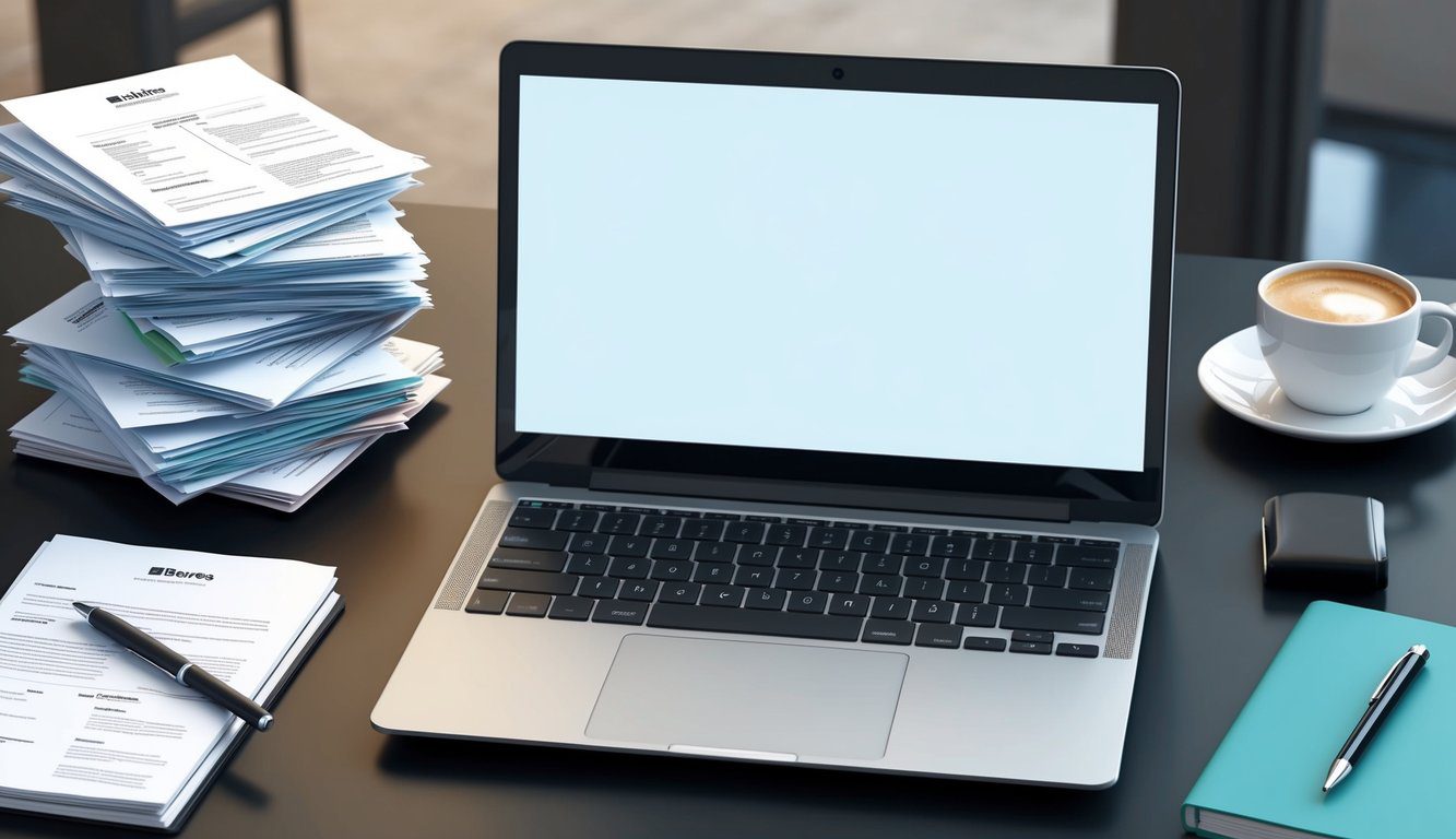 A laptop with a blank screen sits on a desk, surrounded by a stack of resumes and a cup of coffee. A pen and notebook are nearby