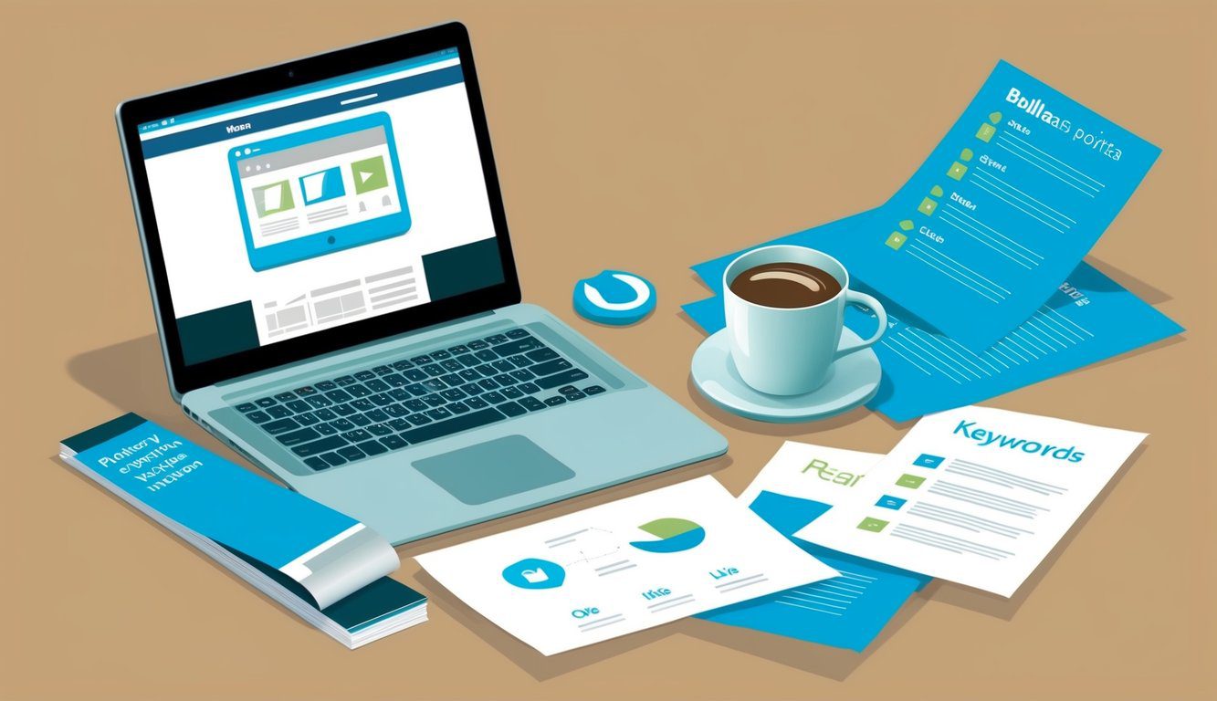 A laptop with a sleek design and a professional-looking website displayed on the screen. A cup of coffee sits next to it, surrounded by a few sheets of paper with bullet points and keywords