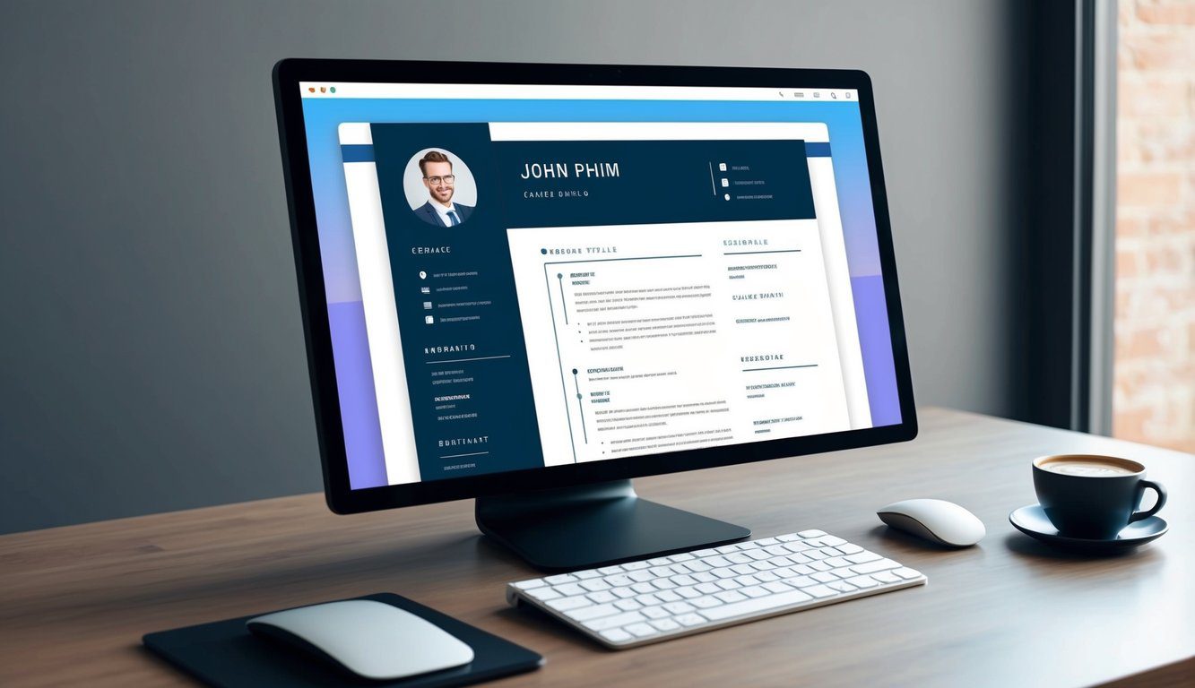 A computer screen displaying a sleek and modern resume template, with a keyboard and mouse nearby. A cup of coffee sits on the desk