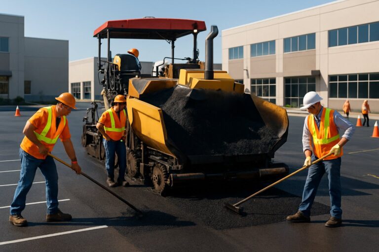 Workers operating asphalt paving machinery on a business parking lot with commercial buildings in the background.