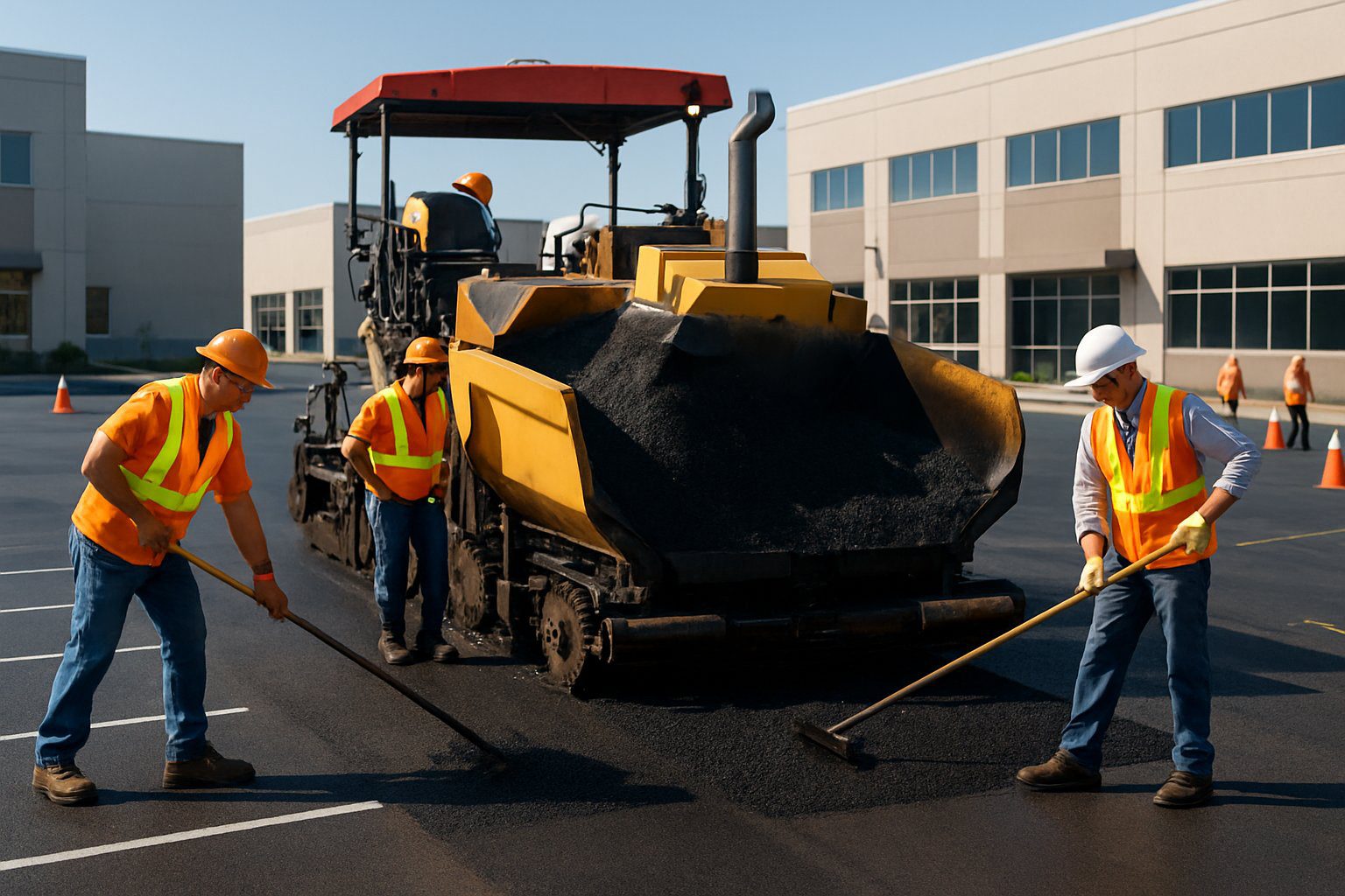 Workers operating asphalt paving machinery on a business parking lot with commercial buildings in the background.